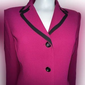 Fuchsia and black pants suit. Piping on jacket match pants. Fully lined